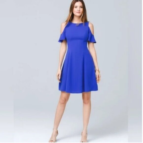 WHBM | Royal Blue Fit & Flare Cold Shoulder Dress 12 - Picture 1 of 7